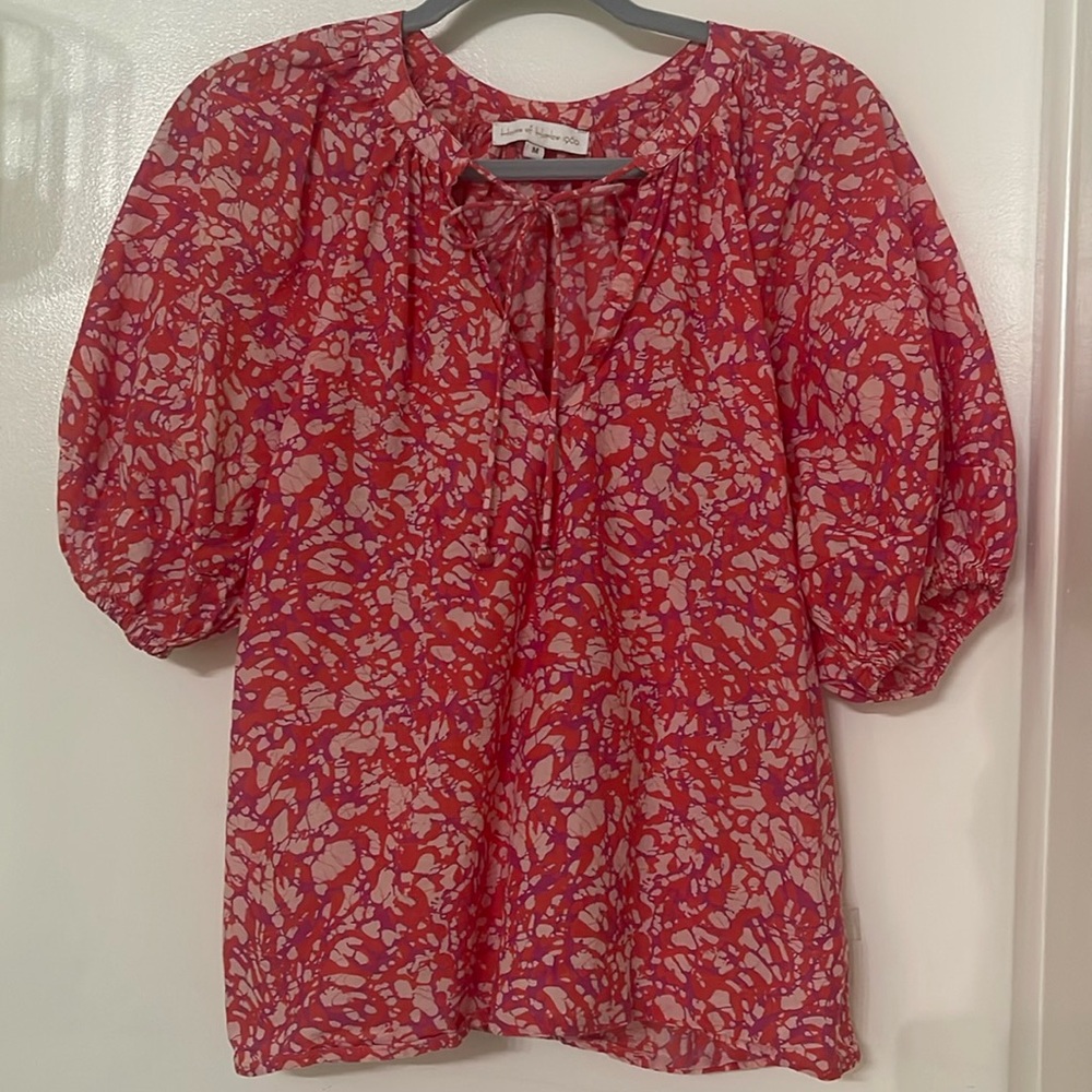 HOUSE OF HARLOW 1960 MARTINE PUFF SLEEVE PINK PRINT TOP BLOUSE SIZE M WITH TIE